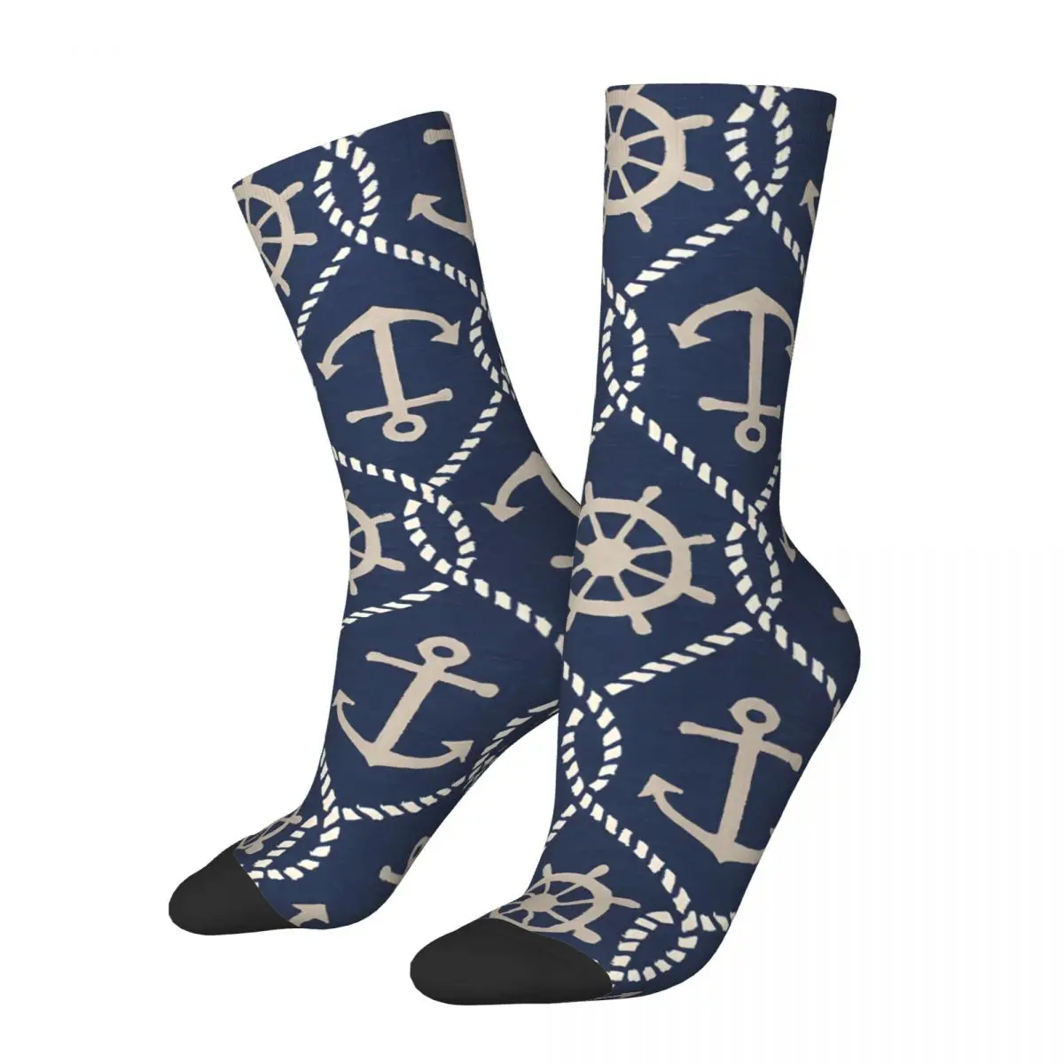 

Crazy Sock for Men Navy Blue Rope And Anchor MarinaArea Rug Hip Hop Nautical Art Quality Pattern Printed Crew Sock Seamless Gift