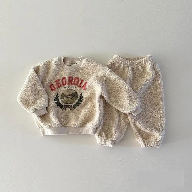 

Autumn Winter Infant Plus Velvet Outfits Boy Girl Baby Retro Letter Sweatshirt Suit Children Cotton Fleece Warm Tops +pants 2pcs