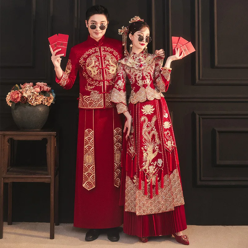 Bride Red Embroidery Qipao Wedding Dress Retro Chinese Style Cheongsam