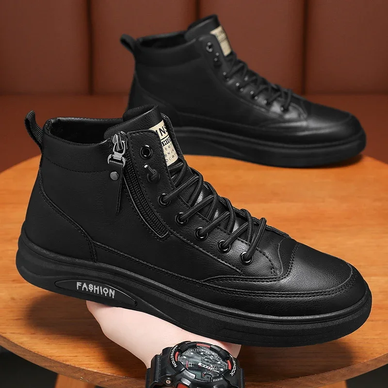 

Мужские кожаные туфли, сезон зима 2024, на платформе, теплые меховые ботильоны, на шнуровке, модная Новая повседневная мужская Рабочая обувь
