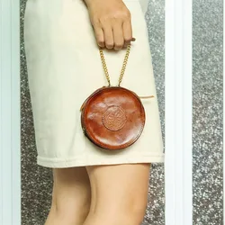 Retro Round Genuine Leather Mini Handbag for Women Coin Purse Pouch Women's Small Wallet with Chain Clutch Bag Key Holders Purse