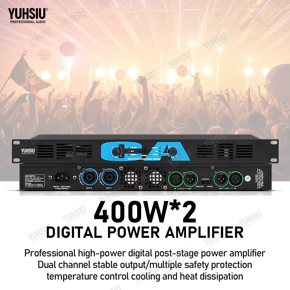 Yuhsiu Professional 1U High Power 400W*2 Amplifier 2 Channels Audio for Disco Outdoor Concerts Subwoofer Speakers Stage KTV DJ