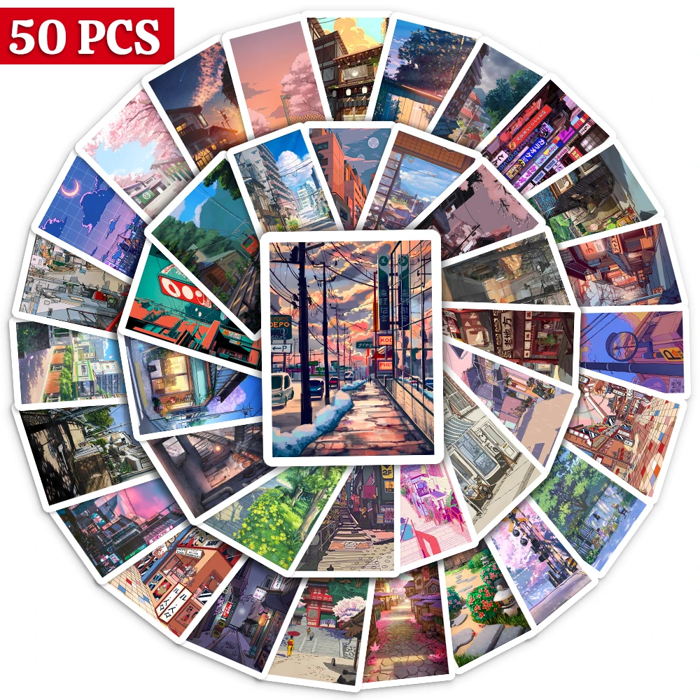 

Cute Art Street Night View Cartoon Stickers Aesthetic Ins Decals DIY Skateboard Laptop Luggage Motorcycle Phone Waterproof Toy