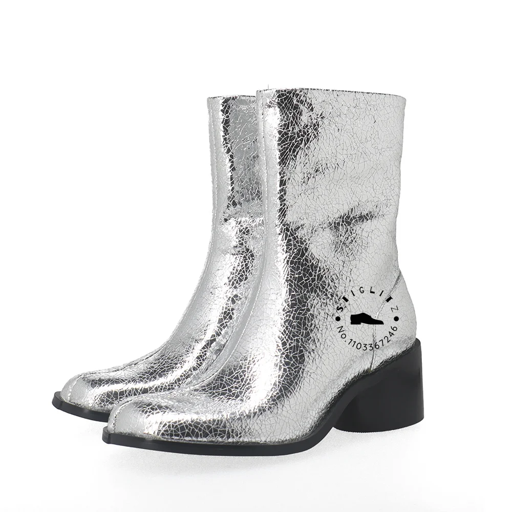 

Silver Broken Mirror Leather Tabi Booties Designer Luxury Style Buckle Boots Novel Design Split Toe Cylindrical Heel Ankle Boots