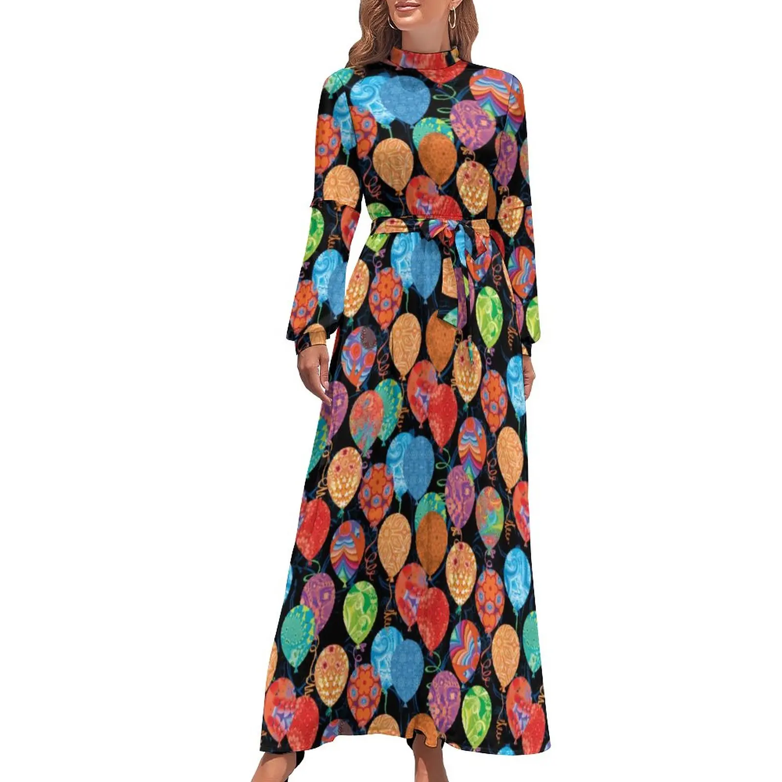 

Birthday Balloon Dress Long Sleeve Colorful Print Elegant Maxi Dress High Neck Street Fashion Graphic Bohemia Long Dresses
