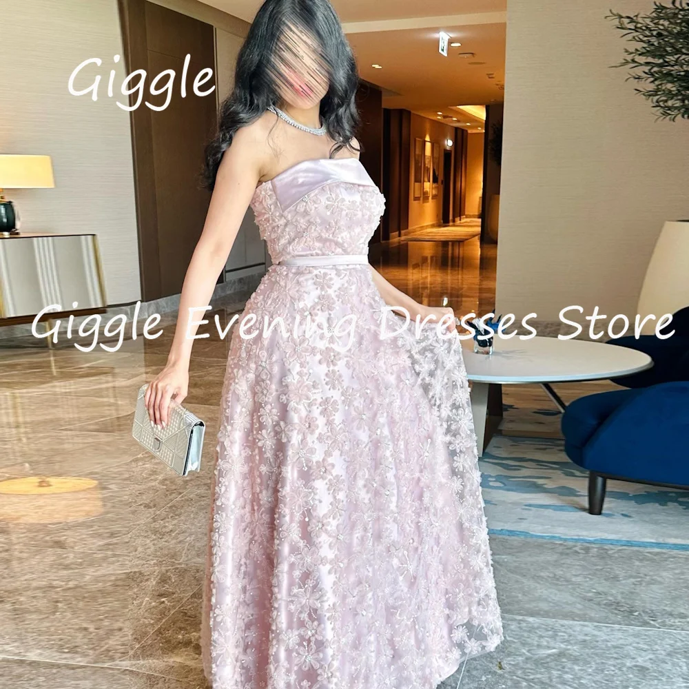 

Giggle Tulle A-line Lace Strapless Ruffle Arab Formal Elegent Prom Gown Saudi Floor Length Evening Party Dresses for Women 2023