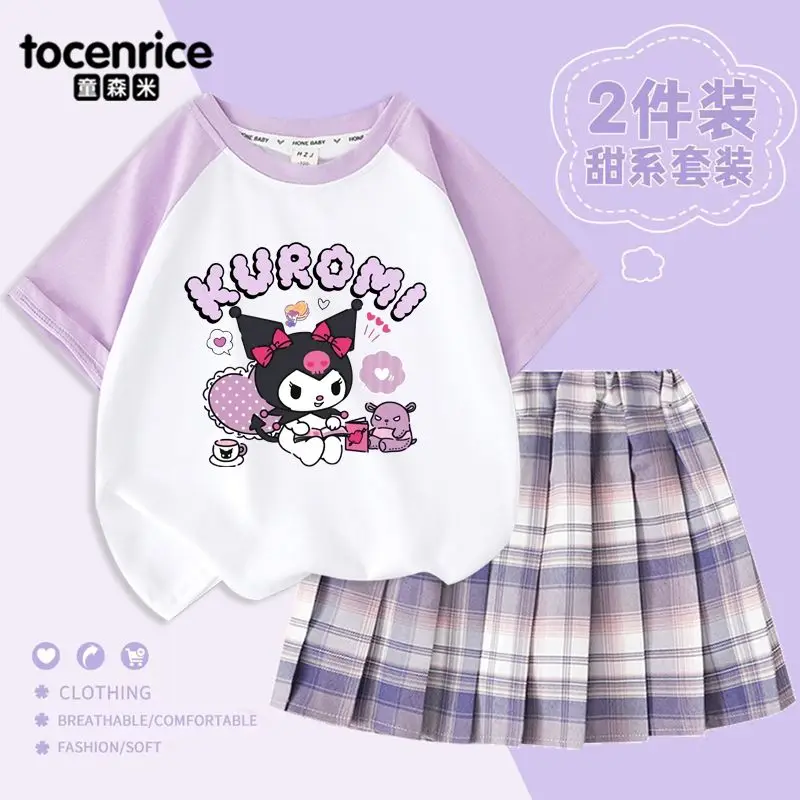 

2Pcs Girl Heart Kuromi Children T-Shirt Jk Pleated Skirt Kawaii Anime Sanrioed Set Summer Sweet Cute Cartoon Rainbow Dress Gift