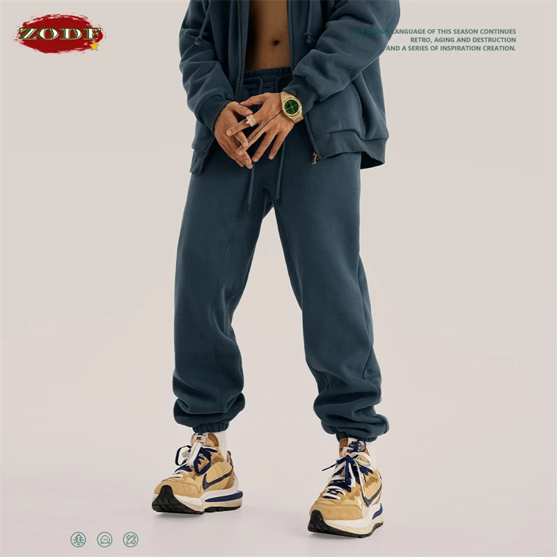 ZODF Trendy Men 345gsm Fleece Sweatpant Unisex Solid Color Loose