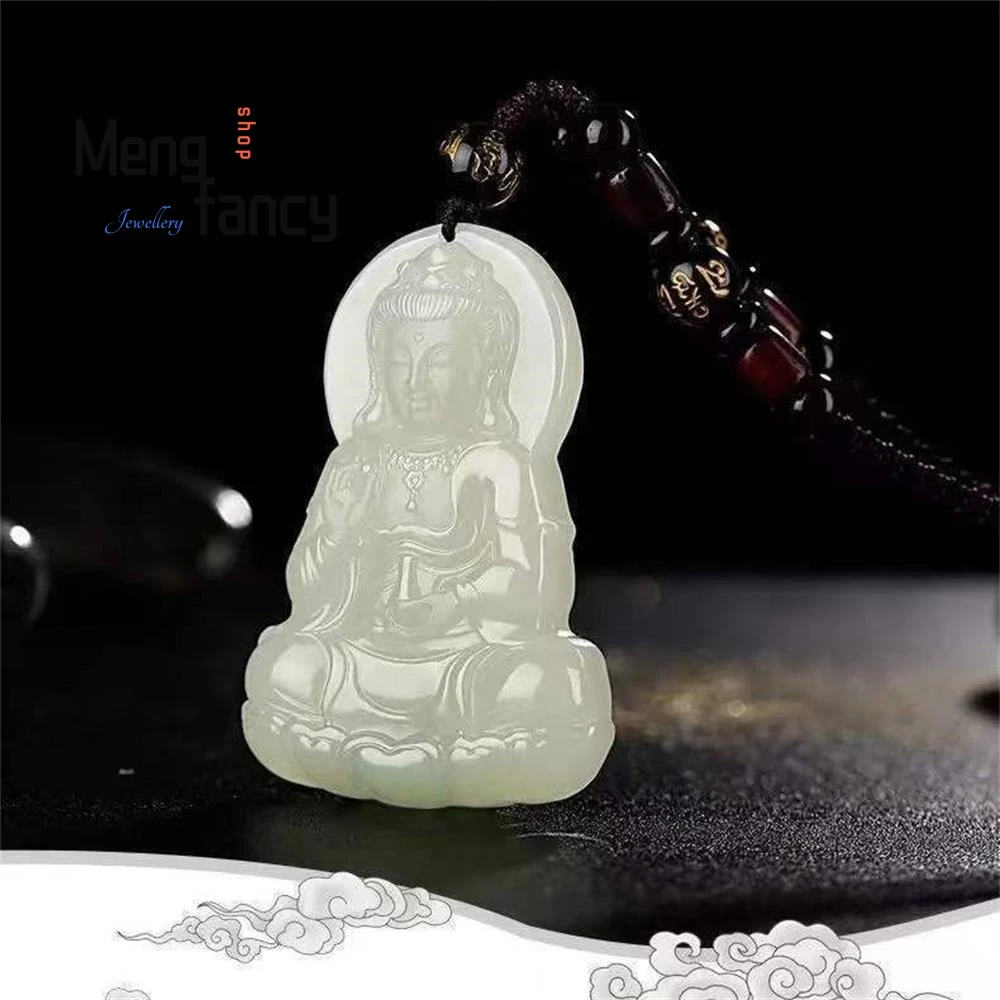 Natural Hetian White Jade Guanyin Pendant Exquisite Buddhist Amulets Luxury Fashion Jewelry Handicraft Holiday Gift