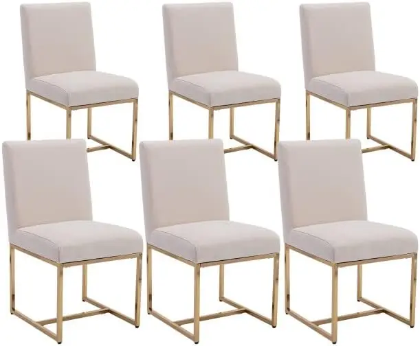 Linen Upholstered Dining Chairs Set of 6 Mid Century Modern Padded Chair with Chrome Metal Frame for Restaurant