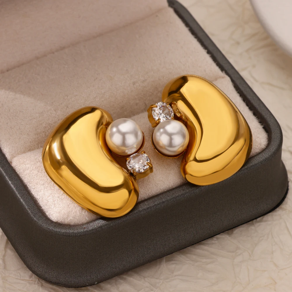 Zircon Imitation Pearl Earrings Stainless Steel Geometric