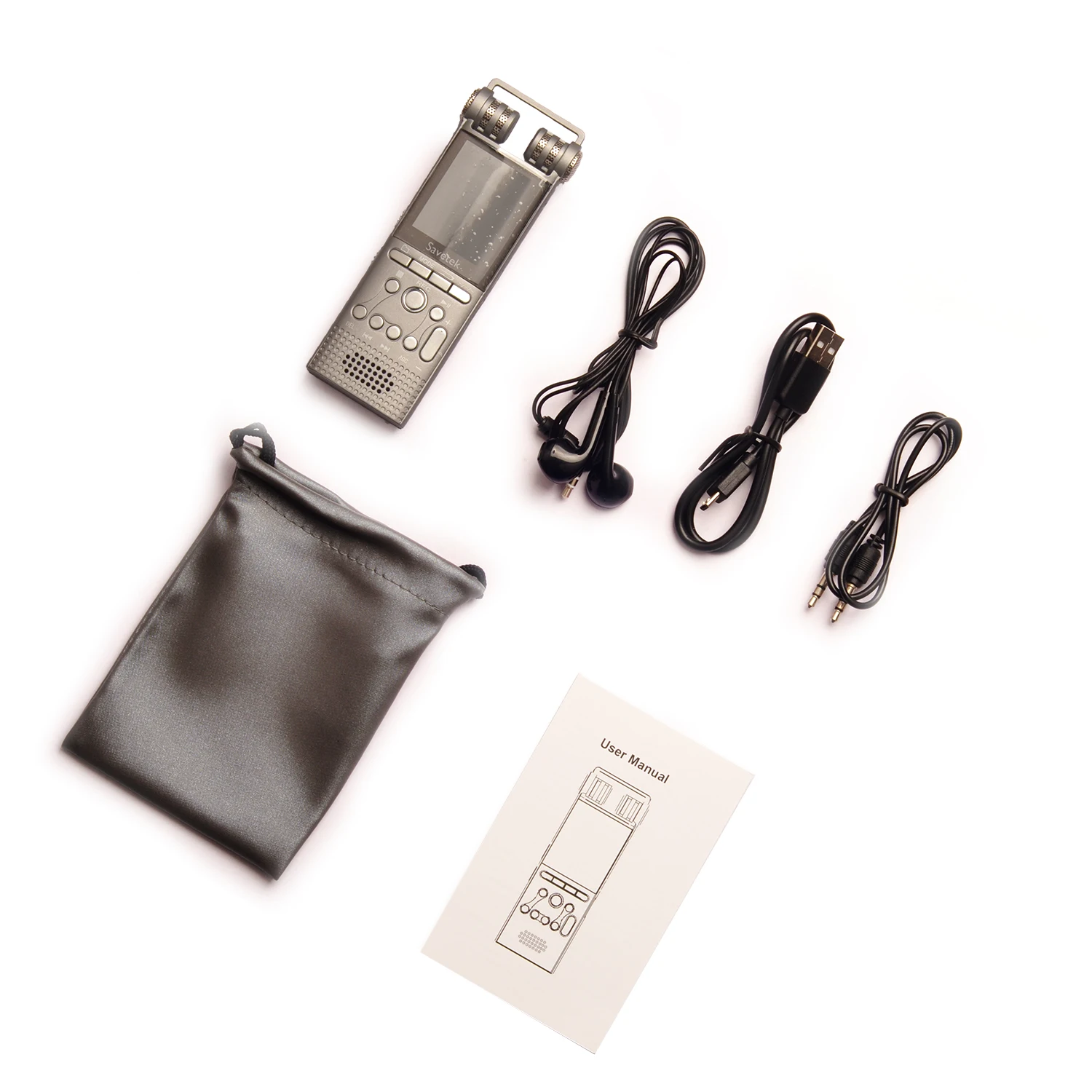 Masanın üzerinde aksesuarlarla gösterilen taşınabilir kaydedici