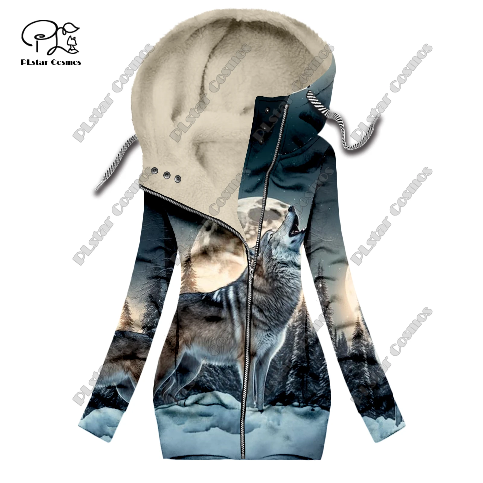 New 3D printed animal series wolf pattern velvet warm women's long zipper hoodie jacket commuting casual winter L-1