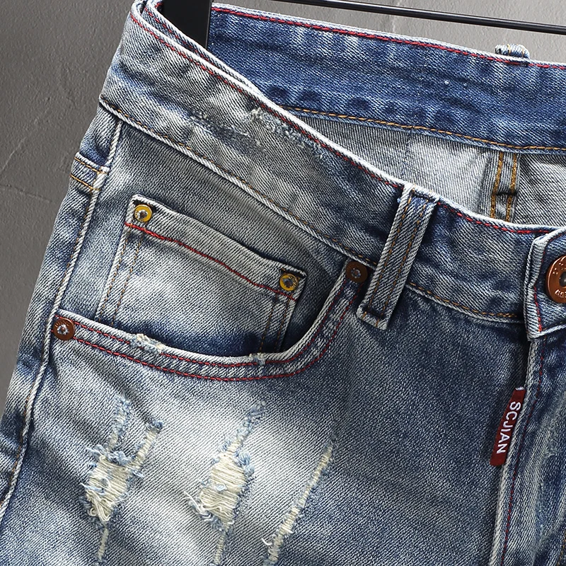 Summer Fashion Men Jeans Retro Light Blue Plain Washed Elastic Ripped Short Jeans Embroidery Designer Hip Hop Denim Shorts Men