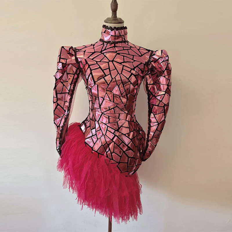 

Pink Mirror Sequins Dress Singer Dancer Stage Costume Sexy Backless Drag Queen Clothes Party Festival Carnival Outfit VDB6374