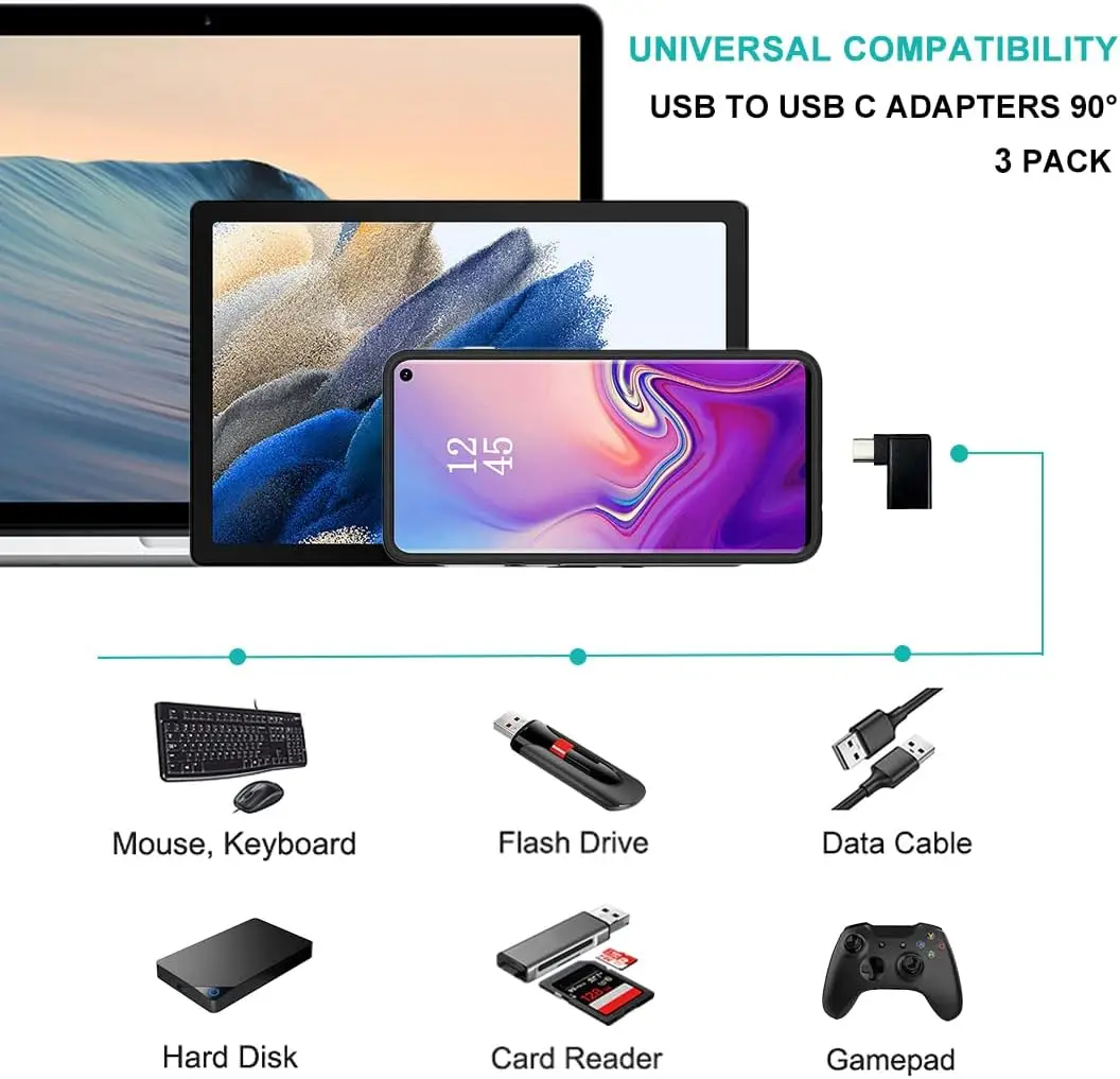 노트북 휴대폰용 오른쪽 왼쪽 각도 90 도 USB C 타입 3.1 수-USB 3.0 A 암, 10Gbps 데이터 충전 어댑터 커넥터, 2 개