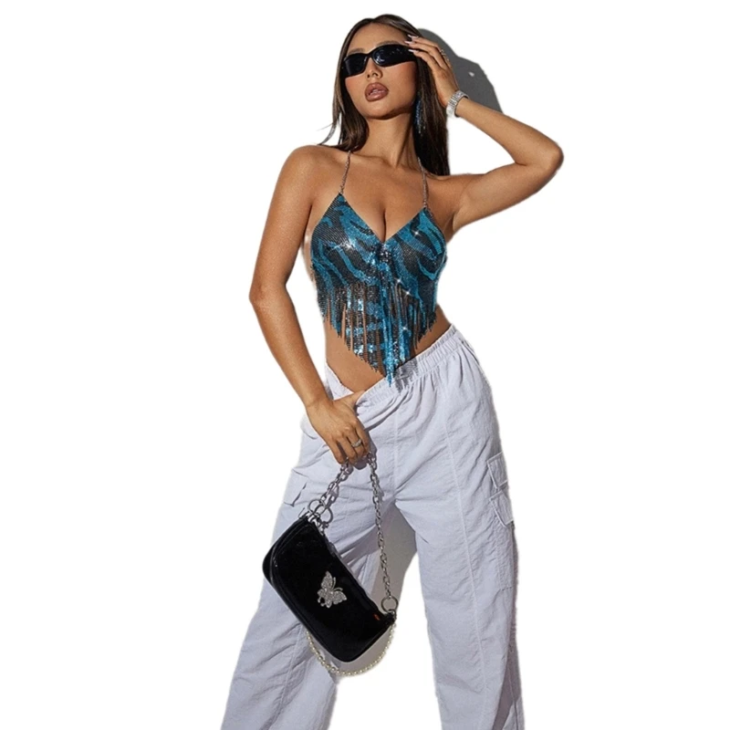 

Women Striped Sequins Chain Backless Crop Top Party Festival Nightclub Camisole