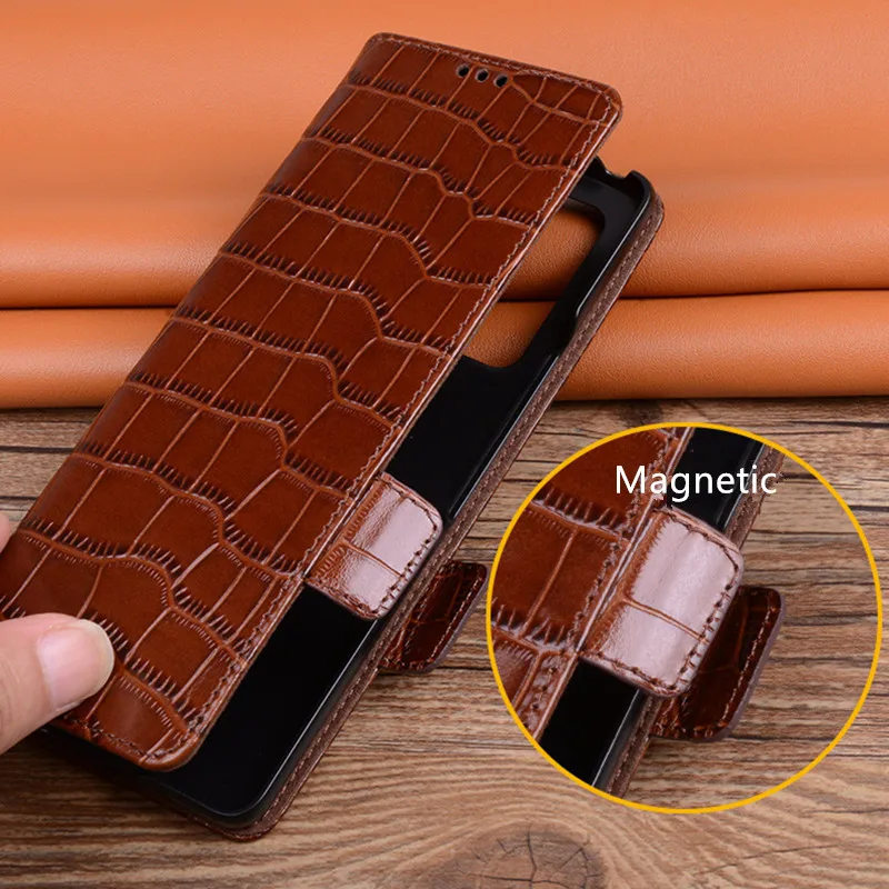 Genuine Cowhide Leather All-inclusive Flip Case For Samsung Galaxy Z Fold 5 4 3 Fold5 3D Alligator Grids Litchi Grain Full Cover