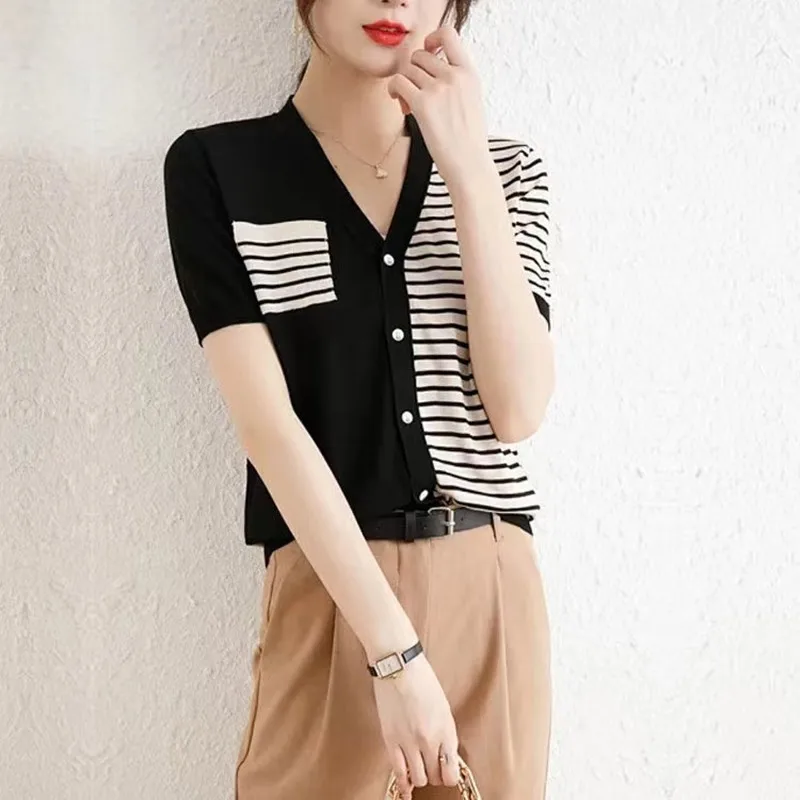 

Summer v-neck stripe knit cardigan short sleeve women loose T-shirt cotton thread half sleeve cotton and linen top