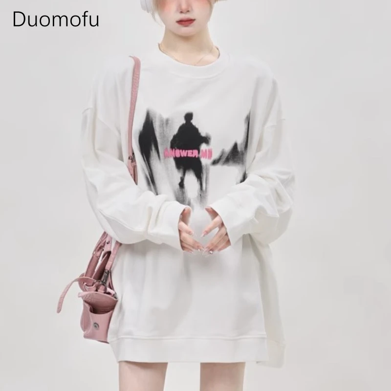 Duomofu Y2k Aesthetic Graphic Grey Sweatshirts Women Korean Style White Long Sleeve Pullover Harajuku Streetwear Oversize Tops