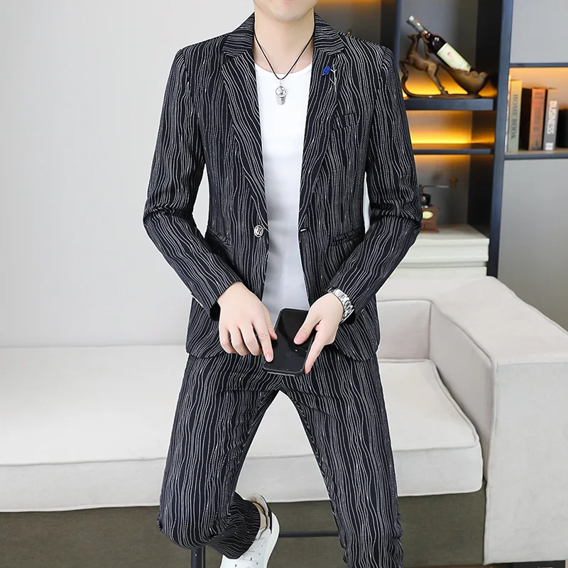 

New (Blazer+ Pants) Men's Fashion Business Gentleman Casual Slim Stripes Handsome Elegant Trend Korean Version Slim 2-piece Set