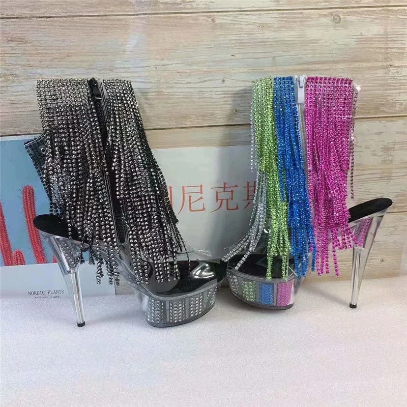 

Sexy 15cm high heels with thin heels and sweet fish mouth fashion sequined heels, rhinestone embellished ankle dance shoes