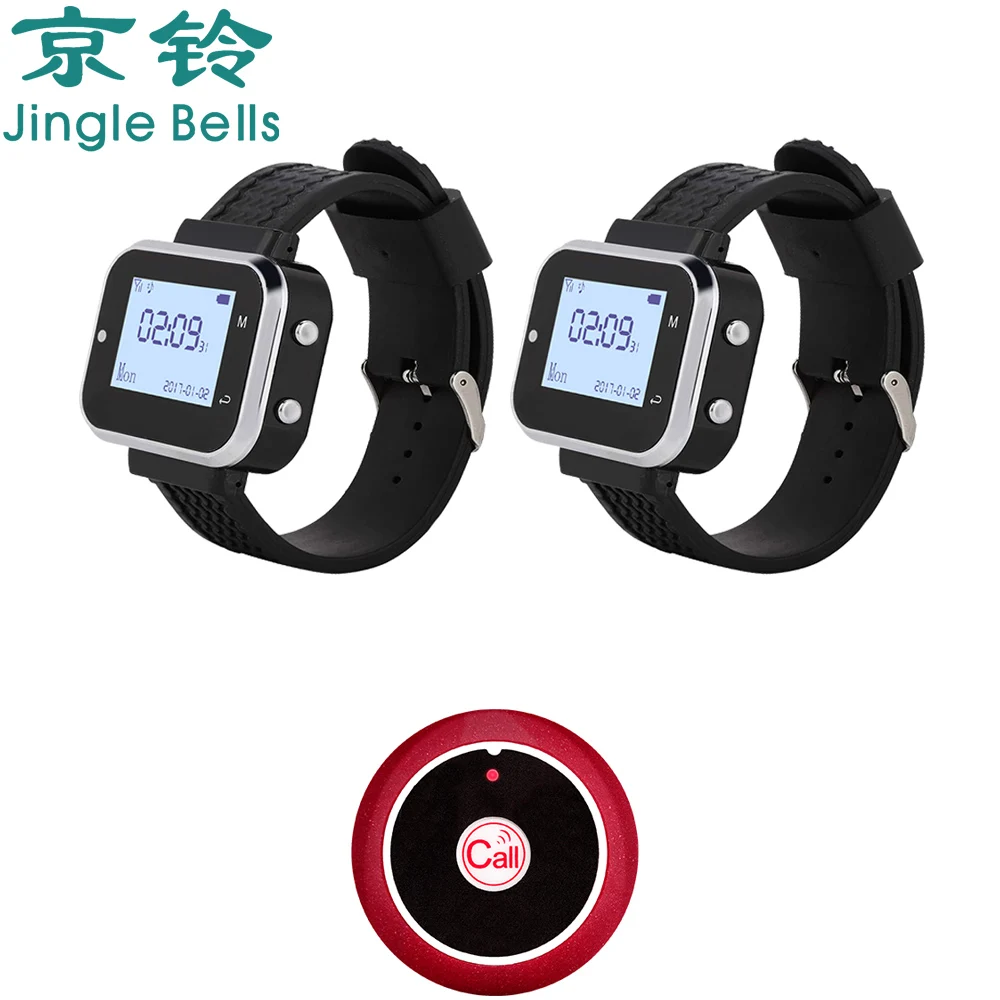 JINGLE BELLS 2 Watch Pager 1 Waiter Table Call Button Wireless Calling System Transmitter for Restaurant Bar Clinic Cafe Paging