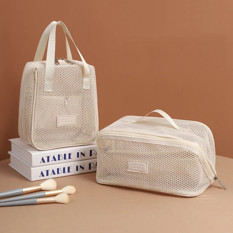Polyester Breathable Mesh Travel Organizer Portable Cosmetic Bag with Zipper Makeup Pouch Fashion Style Candy Color Open Closure