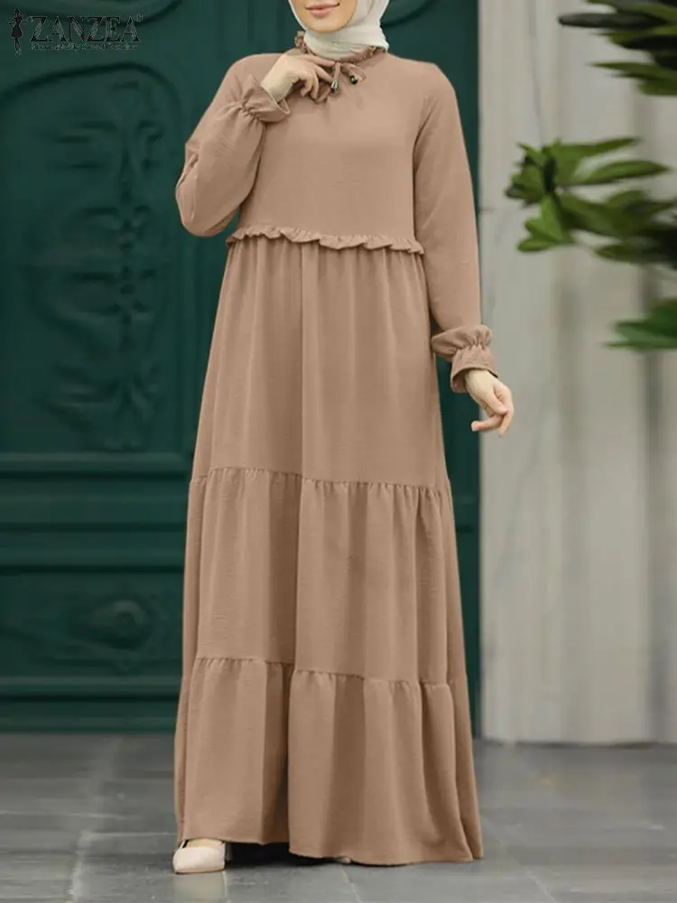 

ZANZEA Fashion Ruffles Layered Dress Muslim Long Sleeve Lace-Up Maxi Robe Eid Mubarek Vintage Sundress Elegant Party Vestidos