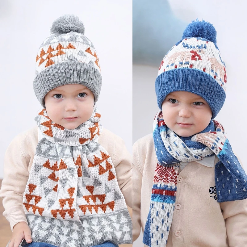 Christmas Deer Pattern Children Hat Scarf Set Autumn And Winter Warm Boys And Girls Baby Christmas Gift Cartoon Jacquard