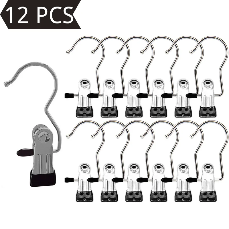 12 PCS Stainless Steel Laundry Hook Portable Hanging Hold Clips Clothes Pins Towel Chips Photo Holder Boot Hanger Pegs for Home