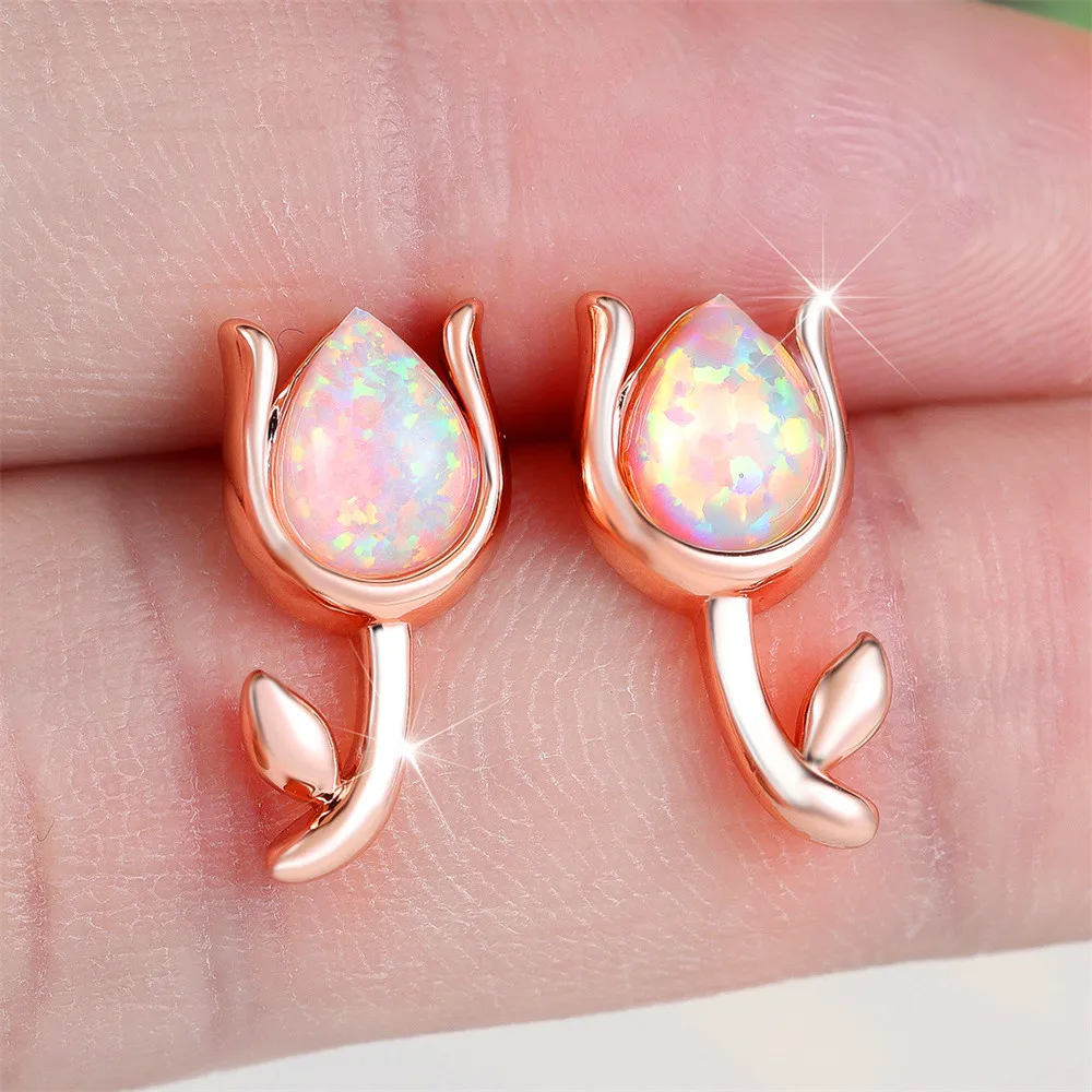 White Fire Opal Water Drop Stone Rose Flower Stud Earrings For Women Rose Gold Silver Color Wedding Jewelry Valentine's Day Gift