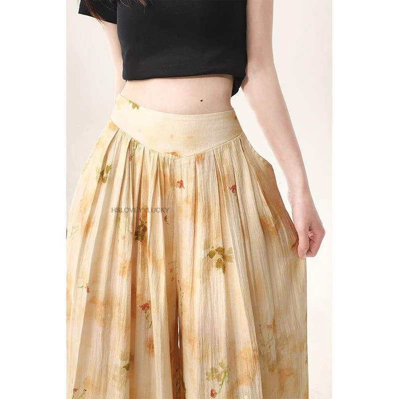 women's New Chinese Style Flower Print Wide Leg Casual Pants New Ice Silk Thin Straight Loose Pant Chiffon Oriental Pants
