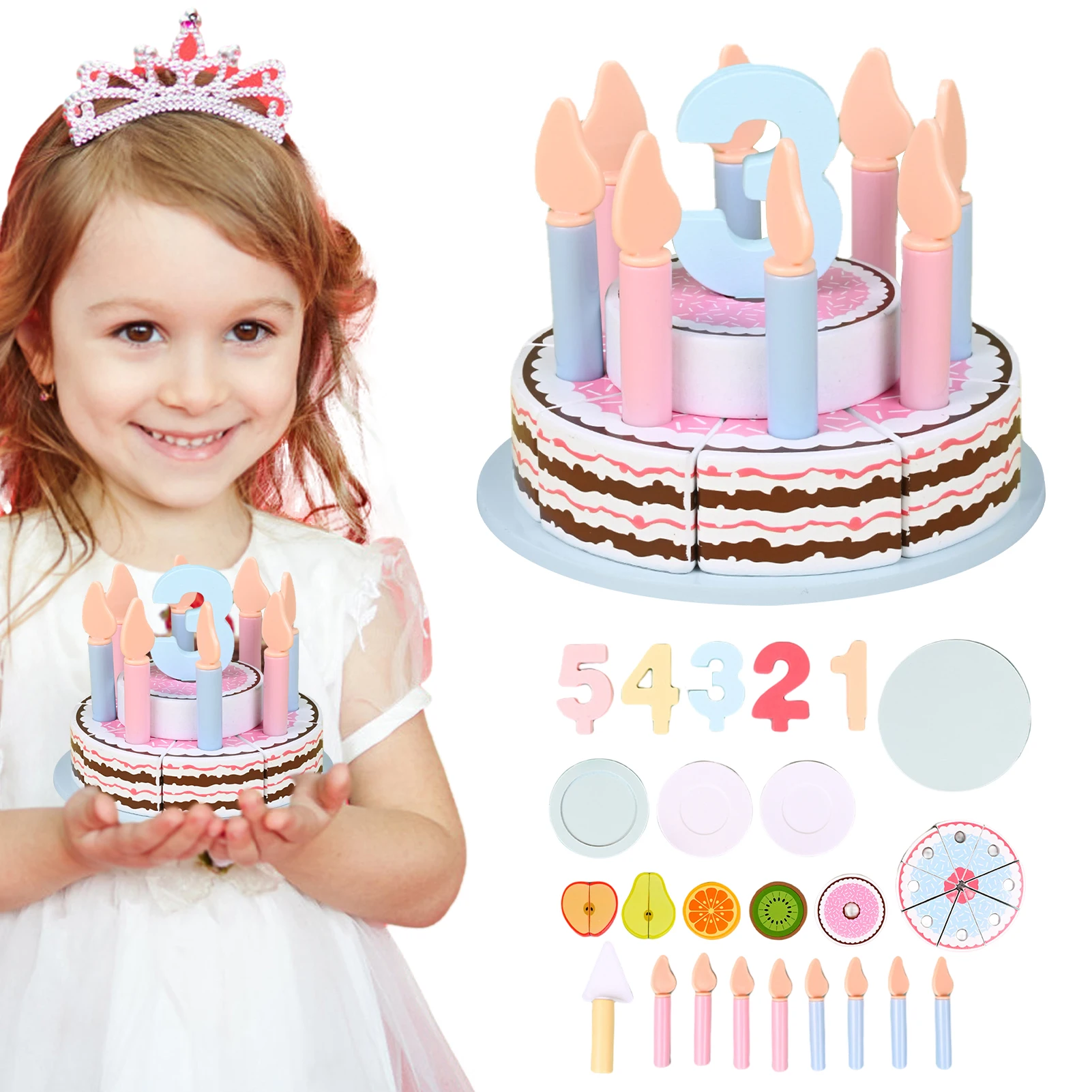 

Wooden Cake Toy Toy Cake For Babies Wooden Play Birthday Cake Children's Day Gift Play Food Toy Set DIY Cutting Pretend Play