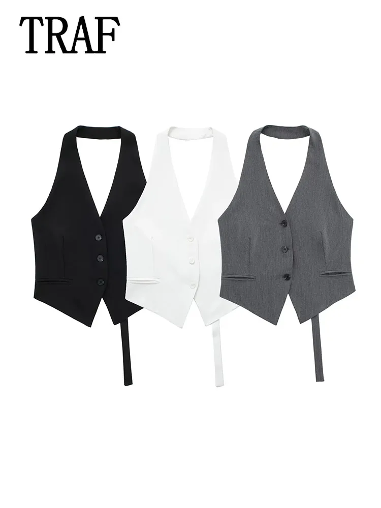 

TRAF 2024 Sleeveless Vests for Women Button Cropped Vest Woman Summer Cut out Waistcoat Women Top Streetwear Tied Women's Vest ﻿