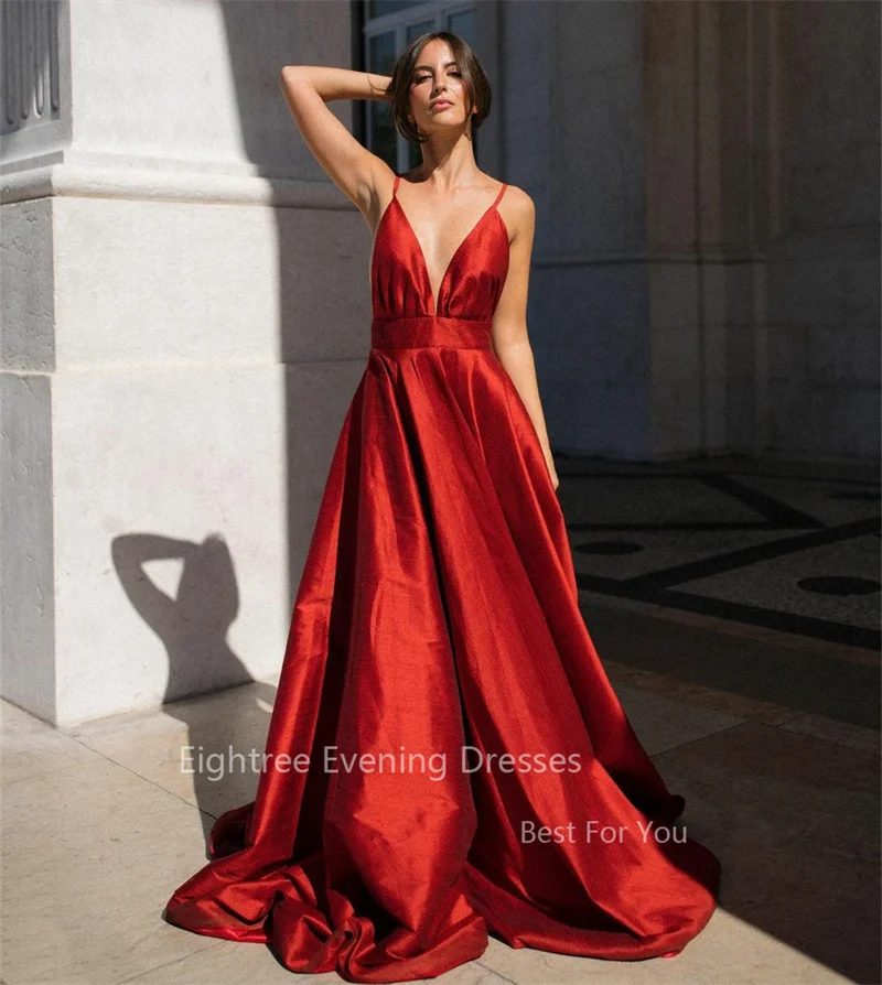 Eightree Elegant Modern Evening Dresses A Line Spaghetti strap Backless V neck Prom Dress Pleats Party Gowns vestidos para mujer