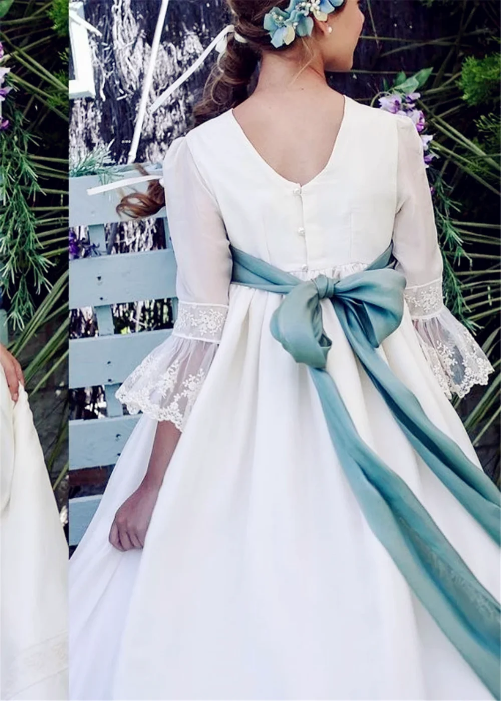 

Белое платье для девочек с цветочным принтом, кружевная длинная юбка с аппликацией, рукав с бантом на поясе для свадьбы, подарка на день рождения, платья для первого причастия