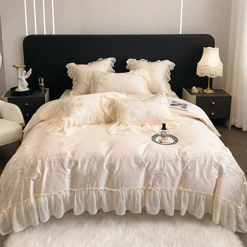 

Duvet Cover Set Bedding Set Cotton 4-piece Three-Dimensional Flower Lace Embroidery Housse De Couette 2 Pillowcases No Comforter
