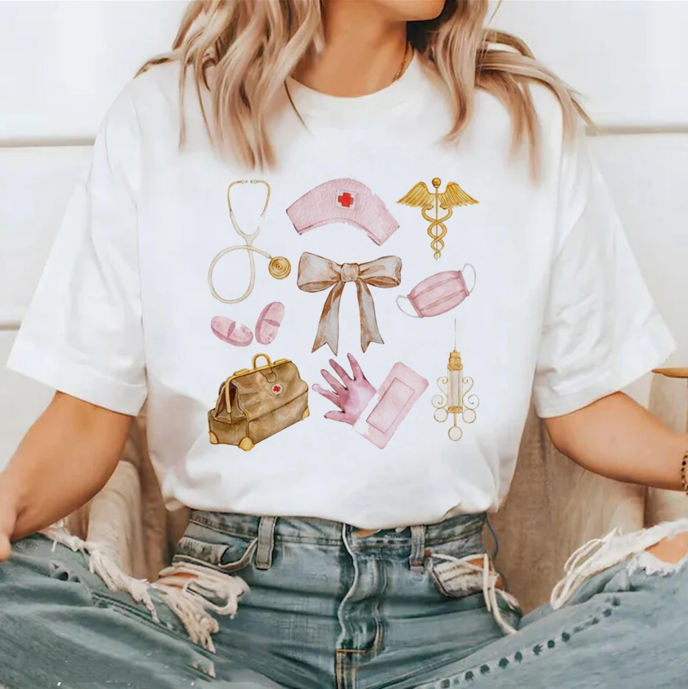 

Fashion Trend Healthcare Worker Printed O-Neck Style Clothing T-Shirt Watercolor 90s Short Sleeved Pattern Beach Travel T-Shirt