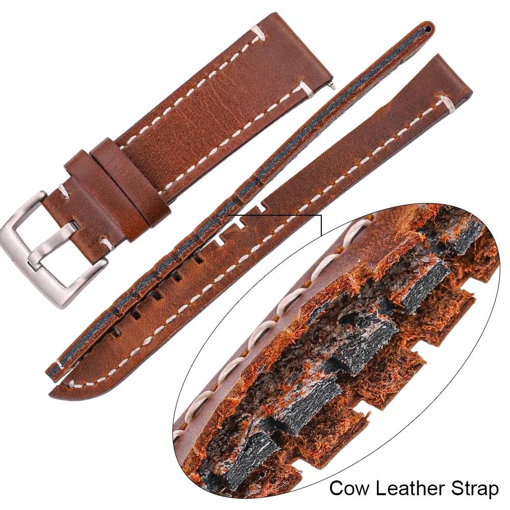 Vintage Genuine Leather Watch Band with Quick Release - Handmade Oil Wax Discoloration Casual Strap