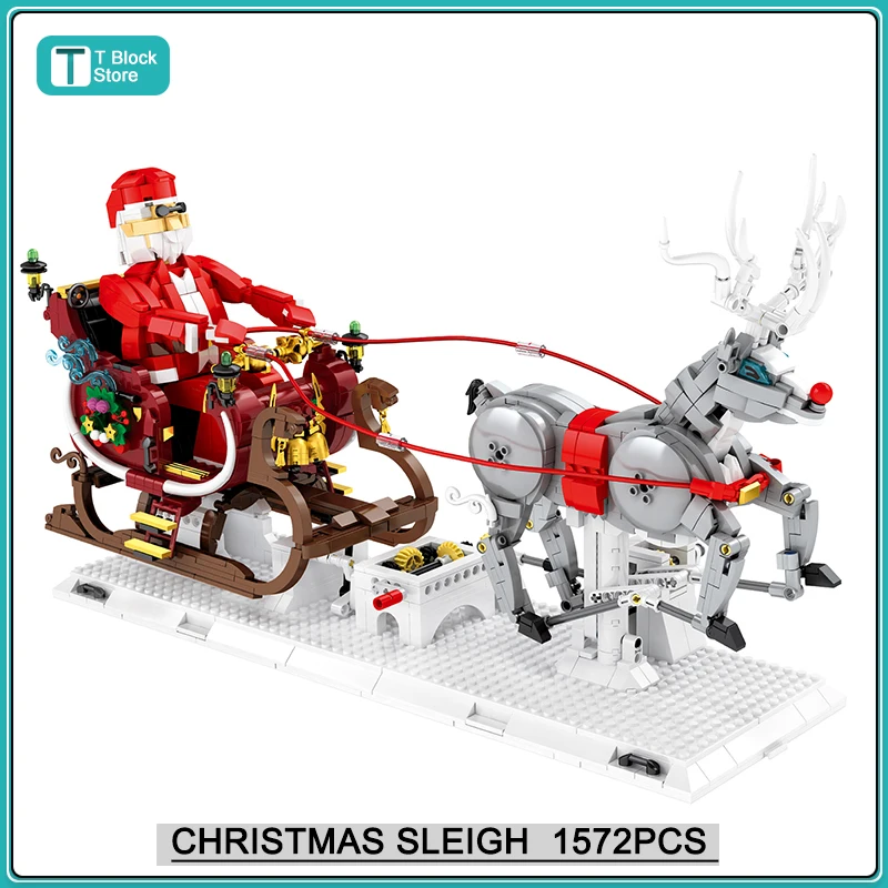 

2022 NEW Christmas Sleigh Reindeer Models Building Blocks City Winter Village Train MOC Santa Claus Sets Toys for Children Gifts