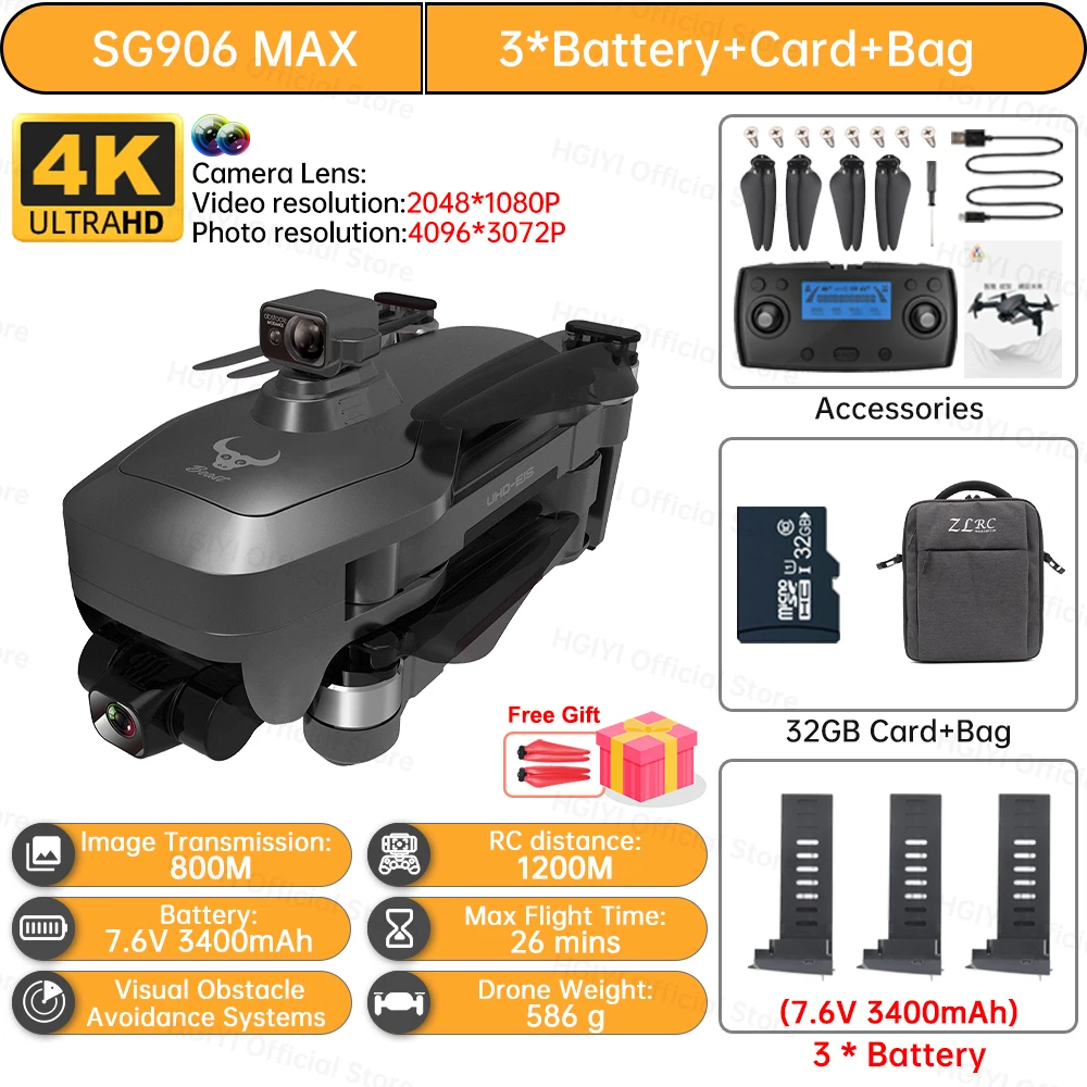 gopro drone HGIYI SG906 MAX2 5000mAH GPS Drone 4K Professional Camera with 3-Axis Gimbal 360 Obstacle Avoidance 906 MAX Brushless Quadcopter best drone with camera Camera Drones