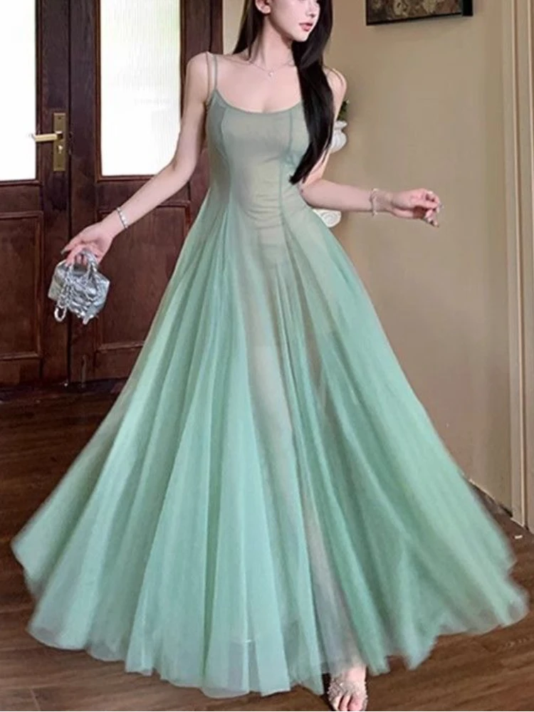 Sexy-Mesh-Long-Strap-Dress-Women-Slim-Korean-Strapless-Elegant-Fairy ...