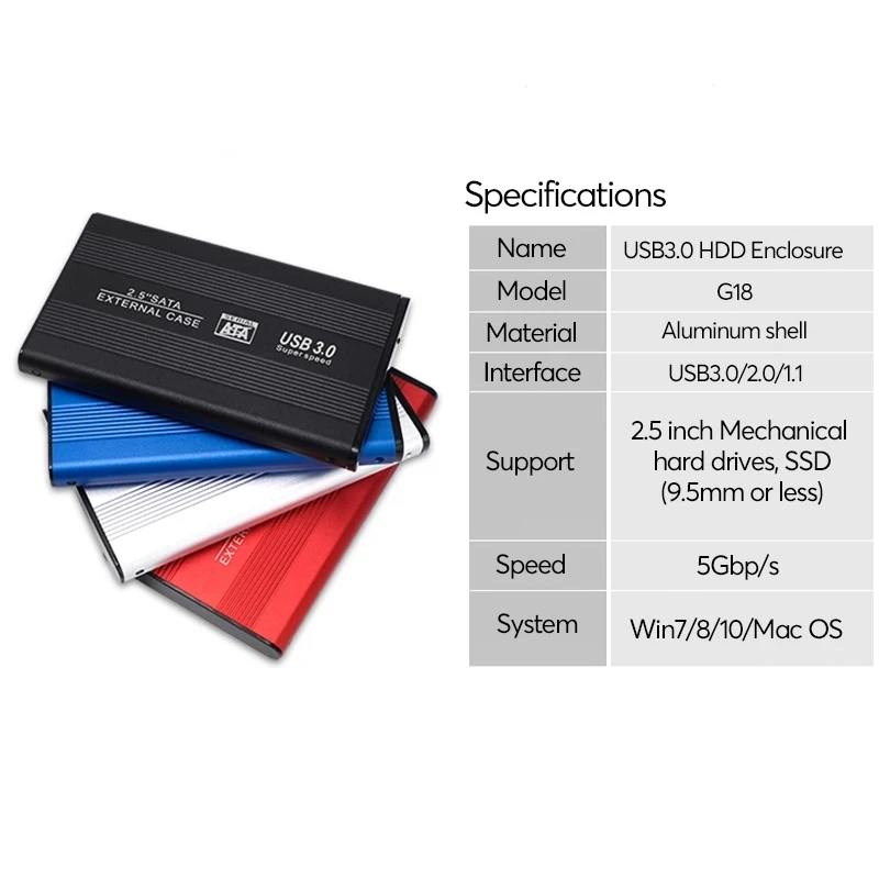 HDD Enclosure Mobile Case 2.5 inch SATA3 External Caddy USB3.0/USB2.0 Hard Drive Box