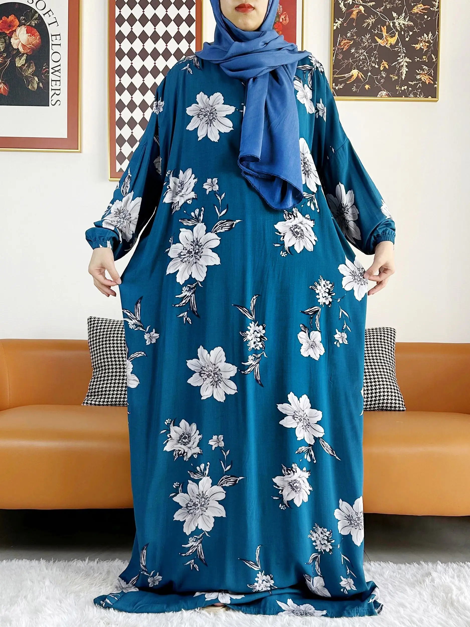 

2023 Muslim Rayon Abayas Color Pitch Ramadan Prayer Dubai Turkey Middle East Femme Robe Floral Loose African Dress Turban Joint