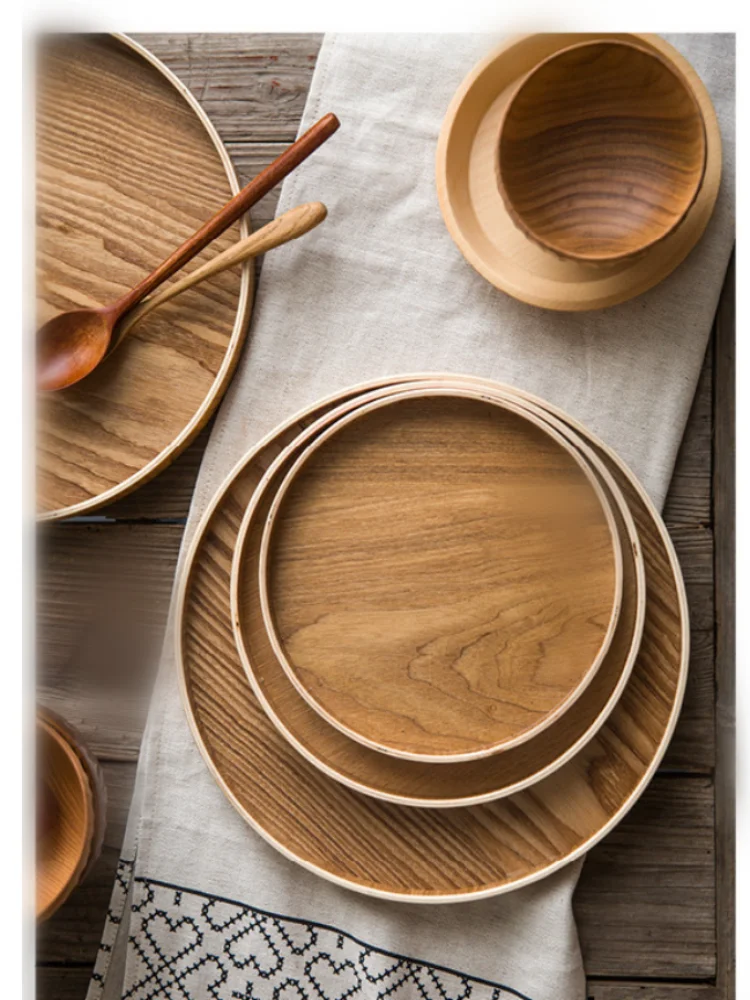 Creative Wooden Tray Japanese Wooden Round Tray Household Tea Plate Fruit Plate Snack