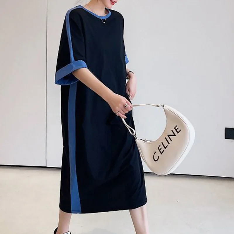 Summer Clothes for Women Plus Size Casual Crew Neck Contrasting Colors Short Sleeve Loose Mid-Calf Straight T-shirt Black Dress