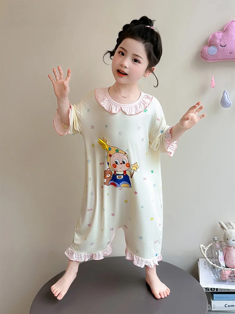 Lemedy Girls` Modal 원피스 잠옷 여름 얇은 신작 아동복 에어컨 슈트..