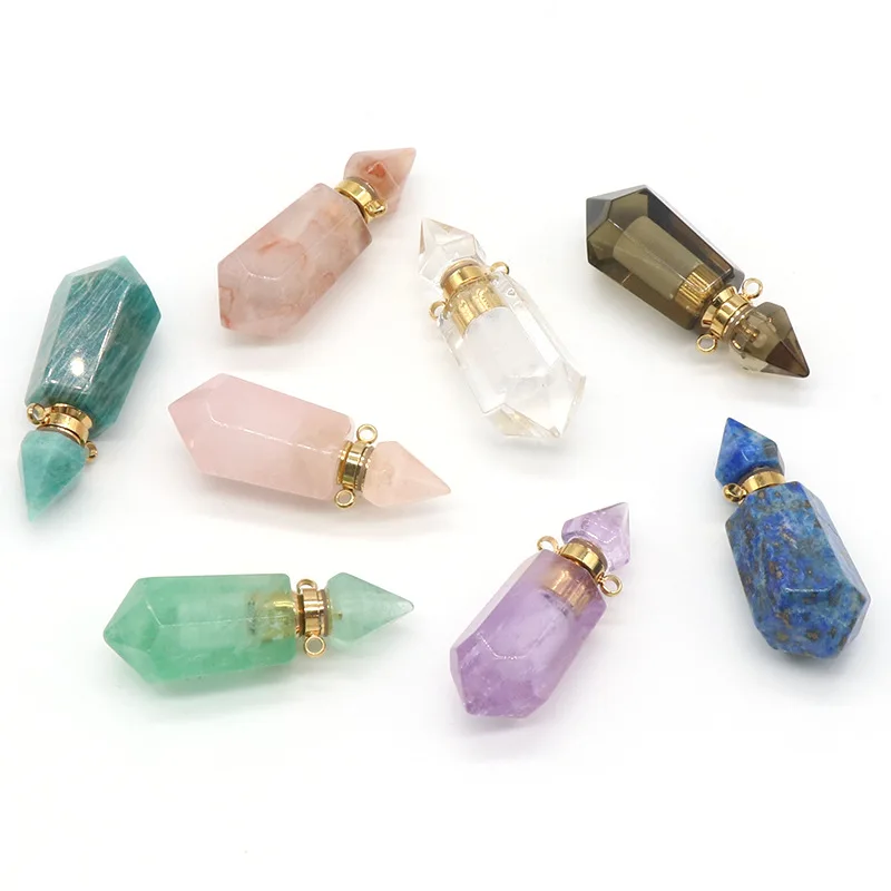 

Natural Stone Perfume Bottle Healing Crystal Reiki Quartzs Bullet Head Pendant Amethysts Essential Oil Diffuser Necklace Gifts