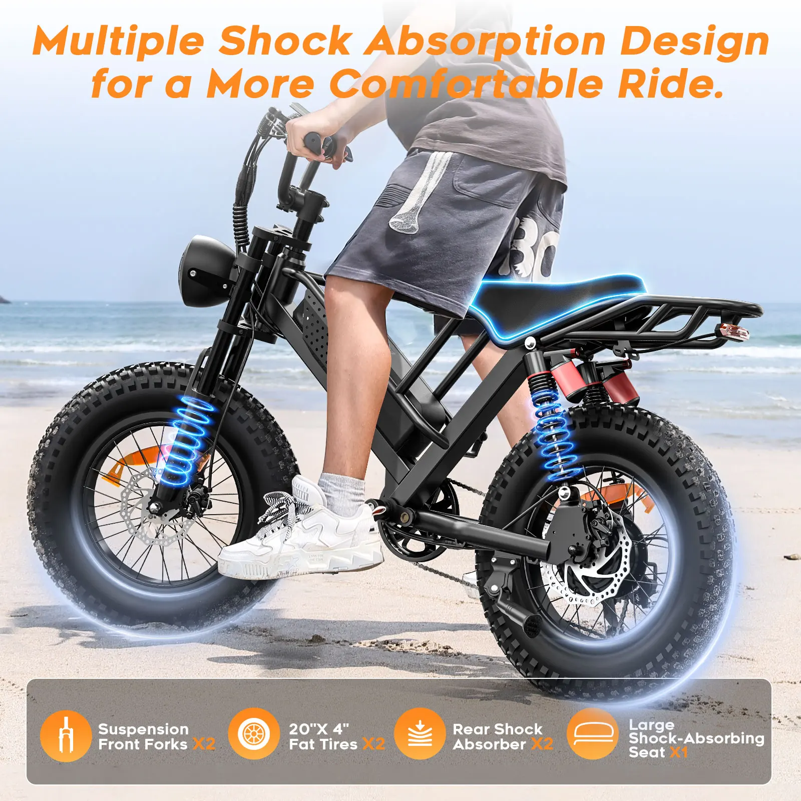 Spacewalk Mountain Electric Bike , 20" Fat Tire Ebike, Wider Seat 750W Peak Motor, Removable Battery, 4X Suspension Ebike view 2